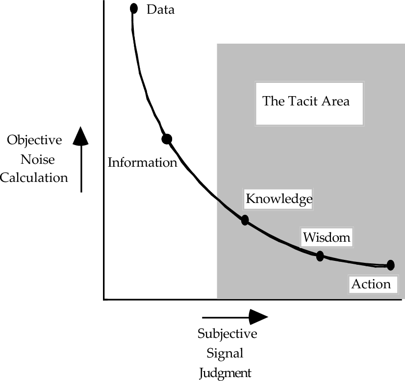Four circles arranged diagonally — Data, Information, Knowledge, Wisdom — with axes Context (vertical) and Understanding (horizontal), and a diagonal labelled Past · Experience · Future · Novelty.